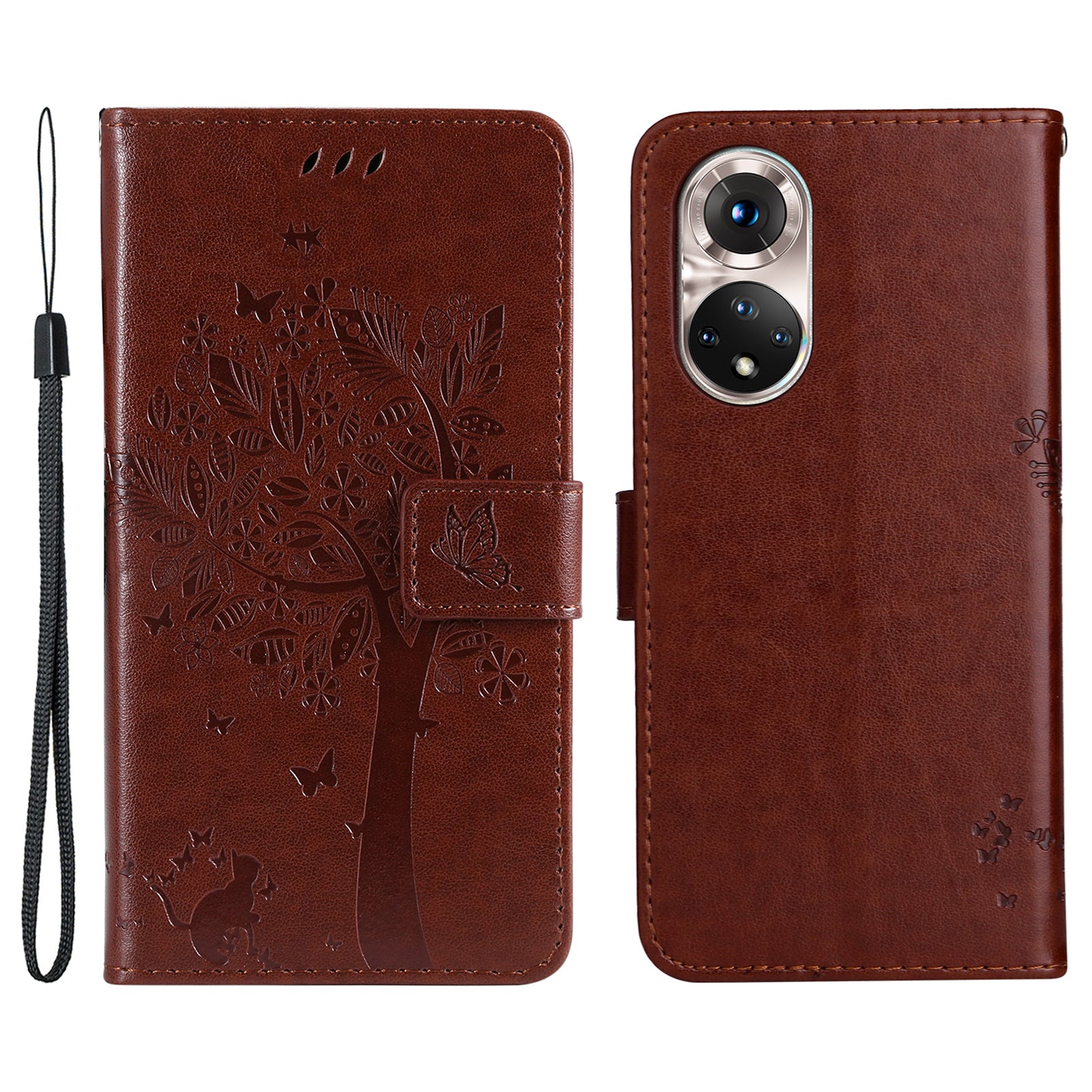 KT Imprinting Flower Series-3 Cat and Tree Pattern Imprinted Wallet Flip Cover PU Leather Stand Magnetic Clasp Shockproof Protection Case for Huawei nova 9 / Honor 50