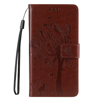 KT Imprinting Flower Series-3 Cat and Tree Pattern Imprinted Wallet Flip Cover PU Leather Stand Magnetic Clasp Shockproof Protection Case for Huawei nova 9 / Honor 50