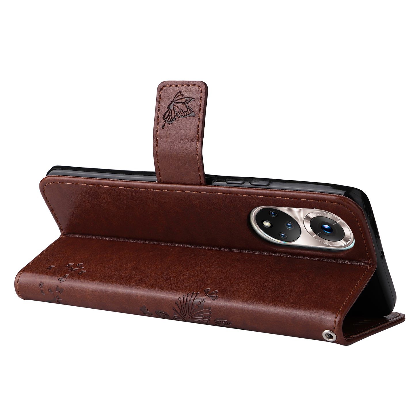 KT Imprinting Flower Series-3 Cat and Tree Pattern Imprinted Wallet Flip Cover PU Leather Stand Magnetic Clasp Shockproof Protection Case for Huawei nova 9 / Honor 50