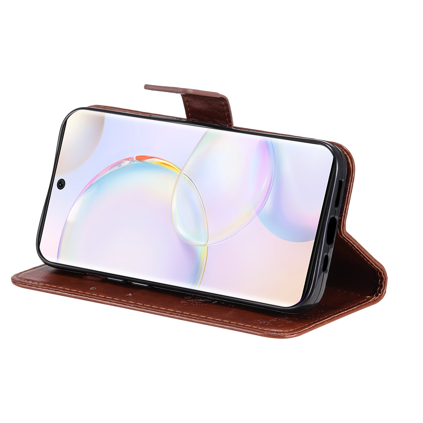 KT Imprinting Flower Series-3 Cat and Tree Pattern Imprinted Wallet Flip Cover PU Leather Stand Magnetic Clasp Shockproof Protection Case for Huawei nova 9 / Honor 50