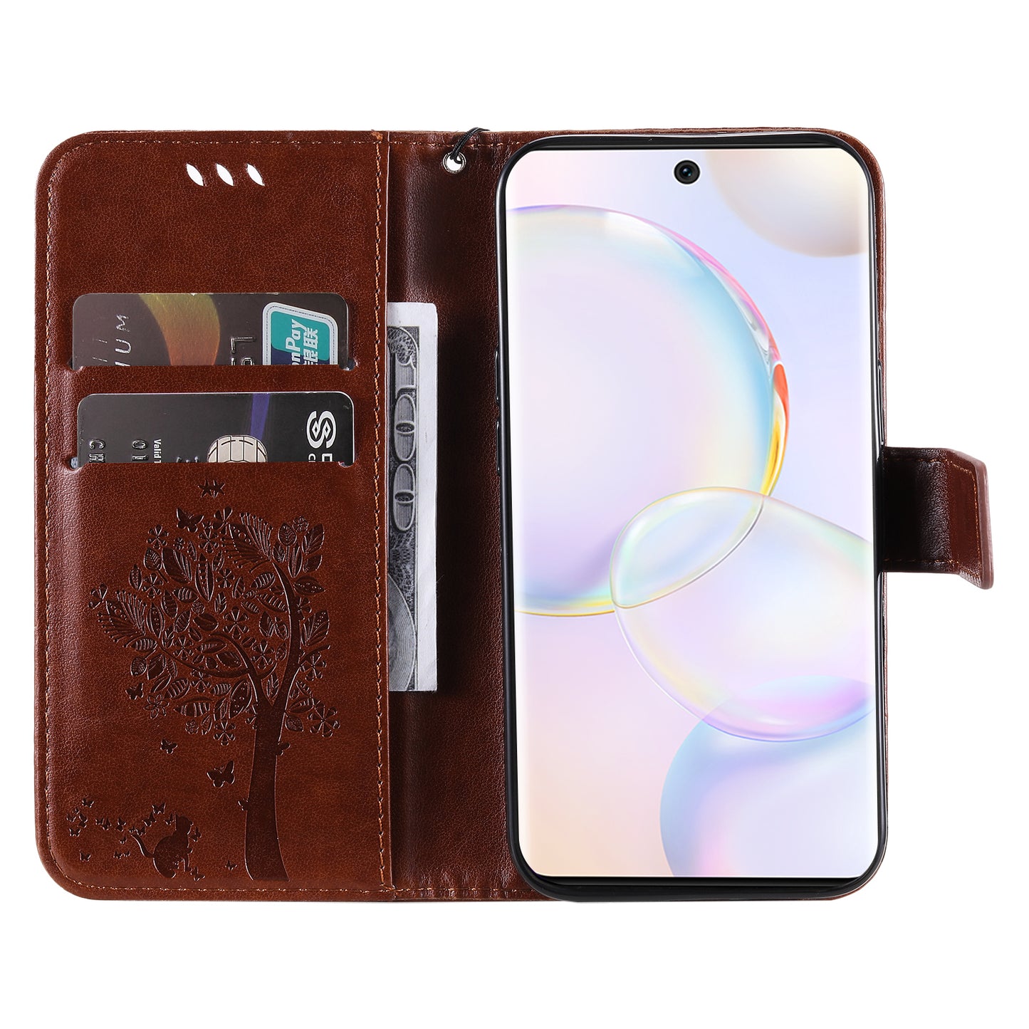KT Imprinting Flower Series-3 Cat and Tree Pattern Imprinted Wallet Flip Cover PU Leather Stand Magnetic Clasp Shockproof Protection Case for Huawei nova 9 / Honor 50