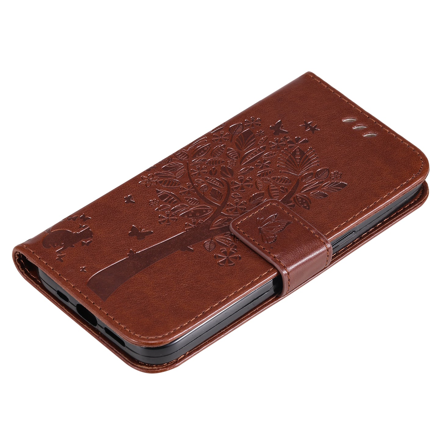 KT Imprinting Flower Series-3 Cat and Tree Pattern Imprinted Wallet Flip Cover PU Leather Stand Magnetic Clasp Shockproof Protection Case for Huawei nova 9 / Honor 50