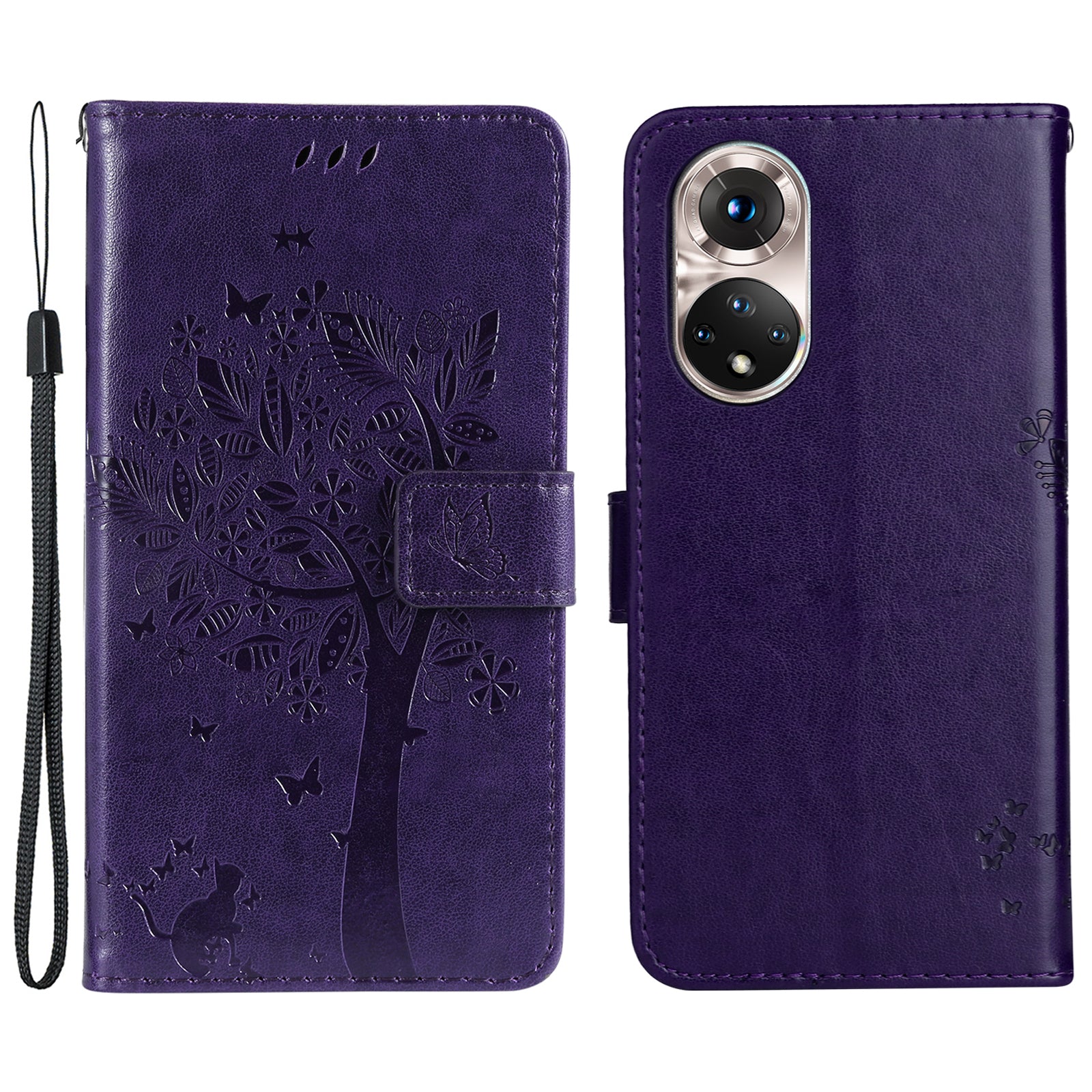 KT Imprinting Flower Series-3 Cat and Tree Pattern Imprinted Wallet Flip Cover PU Leather Stand Magnetic Clasp Shockproof Protection Case for Huawei nova 9 / Honor 50