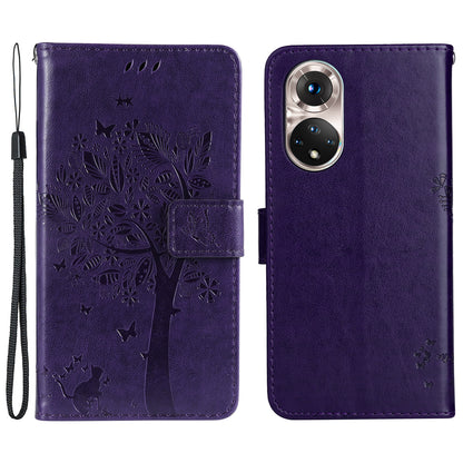 KT Imprinting Flower Series-3 Cat and Tree Pattern Imprinted Wallet Flip Cover PU Leather Stand Magnetic Clasp Shockproof Protection Case for Huawei nova 9 / Honor 50