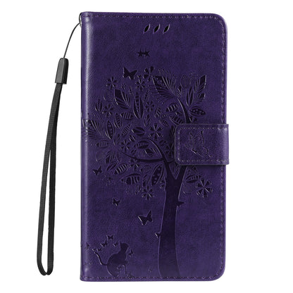KT Imprinting Flower Series-3 Cat and Tree Pattern Imprinted Wallet Flip Cover PU Leather Stand Magnetic Clasp Shockproof Protection Case for Huawei nova 9 / Honor 50
