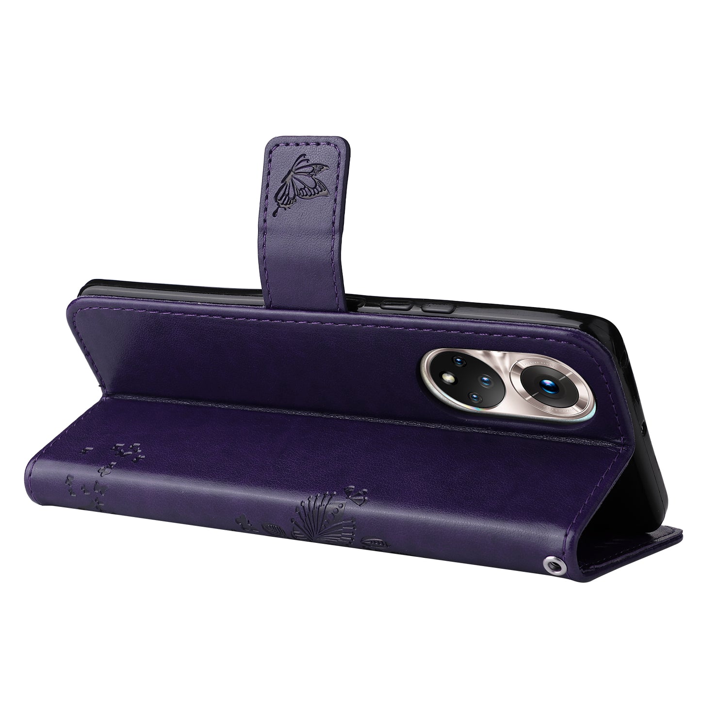 KT Imprinting Flower Series-3 Cat and Tree Pattern Imprinted Wallet Flip Cover PU Leather Stand Magnetic Clasp Shockproof Protection Case for Huawei nova 9 / Honor 50