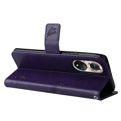 KT Imprinting Flower Series-3 Cat and Tree Pattern Imprinted Wallet Flip Cover PU Leather Stand Magnetic Clasp Shockproof Protection Case for Huawei nova 9 / Honor 50