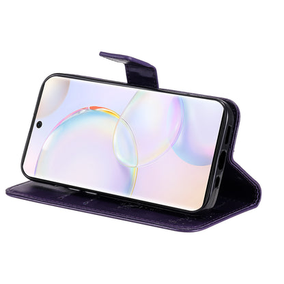 KT Imprinting Flower Series-3 Cat and Tree Pattern Imprinted Wallet Flip Cover PU Leather Stand Magnetic Clasp Shockproof Protection Case for Huawei nova 9 / Honor 50