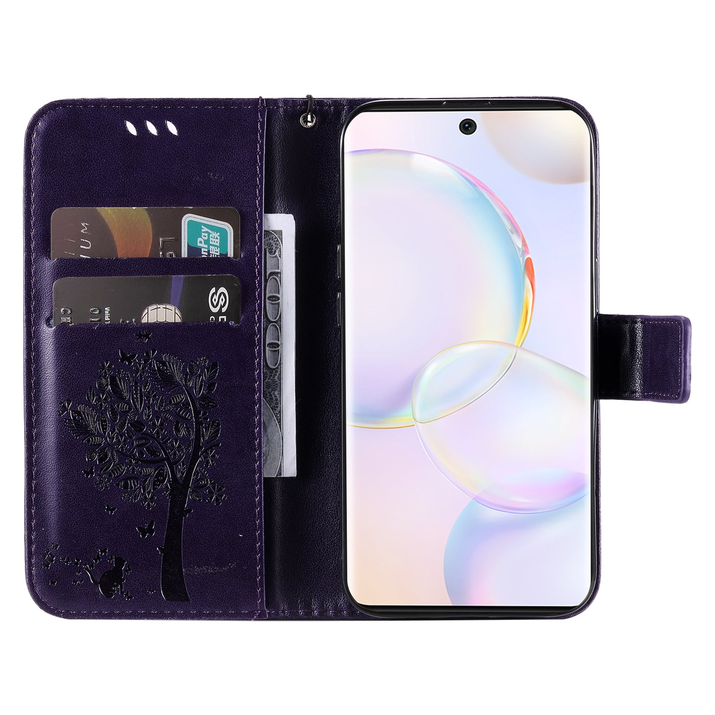 KT Imprinting Flower Series-3 Cat and Tree Pattern Imprinted Wallet Flip Cover PU Leather Stand Magnetic Clasp Shockproof Protection Case for Huawei nova 9 / Honor 50