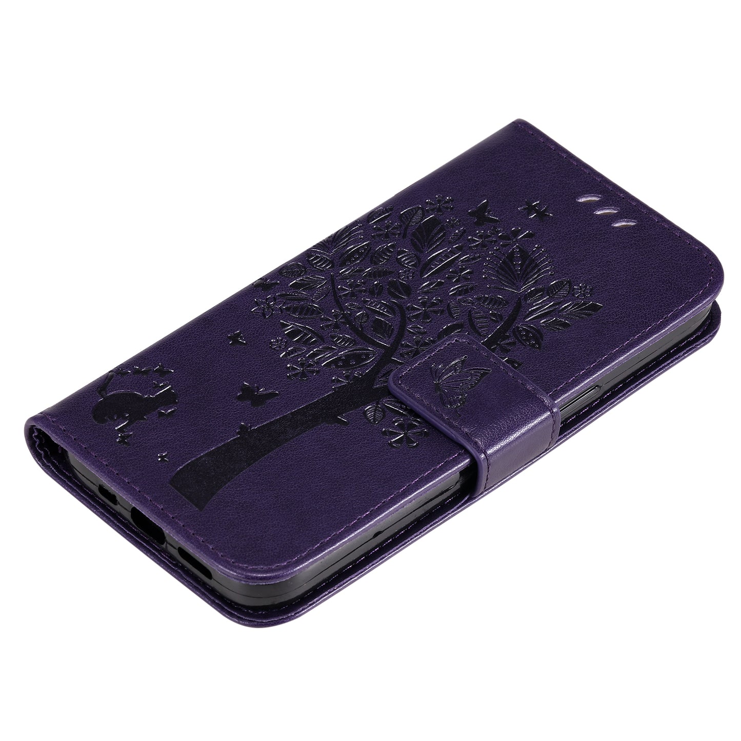 KT Imprinting Flower Series-3 Cat and Tree Pattern Imprinted Wallet Flip Cover PU Leather Stand Magnetic Clasp Shockproof Protection Case for Huawei nova 9 / Honor 50