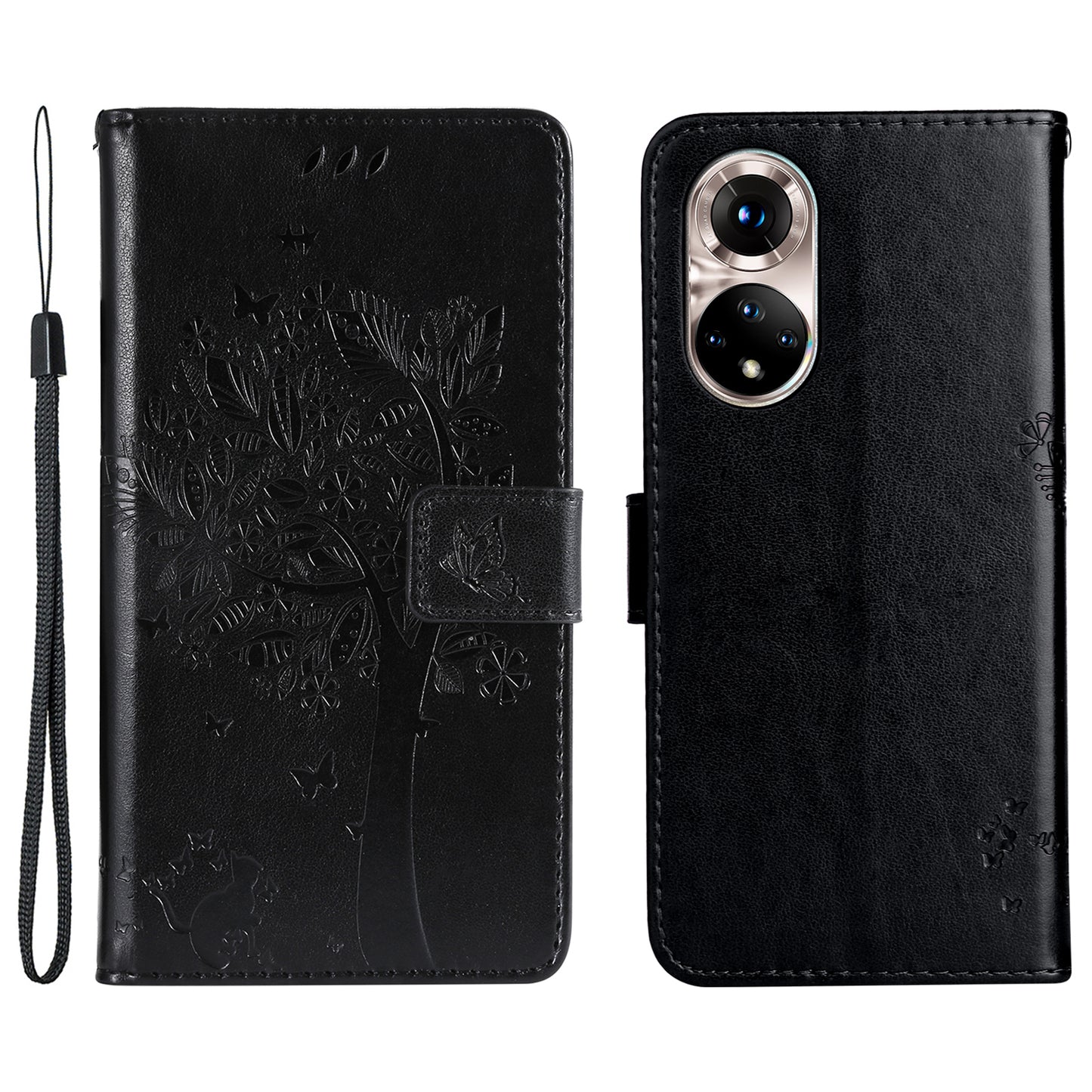 KT Imprinting Flower Series-3 Cat and Tree Pattern Imprinted Wallet Flip Cover PU Leather Stand Magnetic Clasp Shockproof Protection Case for Huawei nova 9 / Honor 50