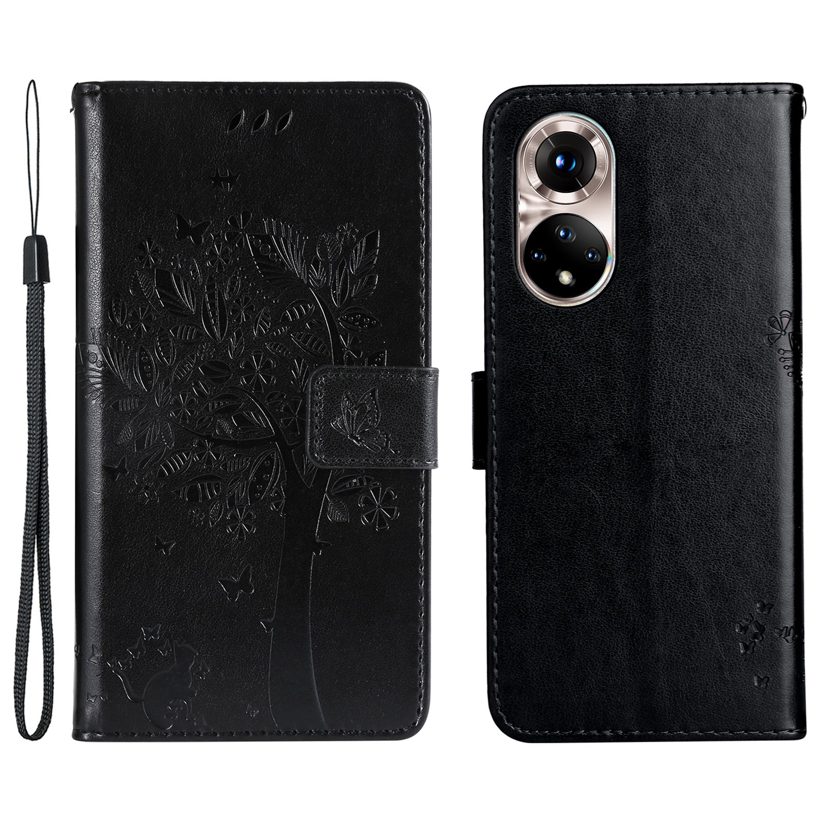 KT Imprinting Flower Series-3 Cat and Tree Pattern Imprinted Wallet Flip Cover PU Leather Stand Magnetic Clasp Shockproof Protection Case for Huawei nova 9 / Honor 50