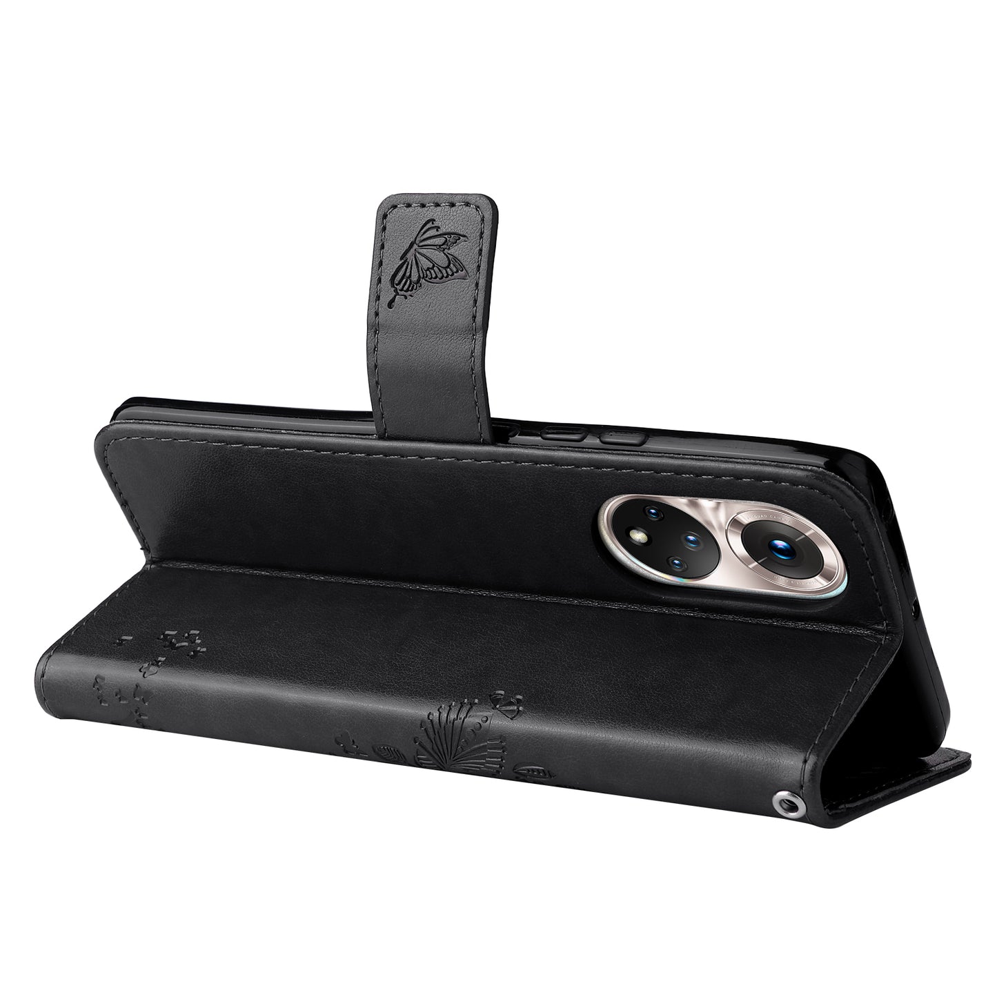 KT Imprinting Flower Series-3 Cat and Tree Pattern Imprinted Wallet Flip Cover PU Leather Stand Magnetic Clasp Shockproof Protection Case for Huawei nova 9 / Honor 50