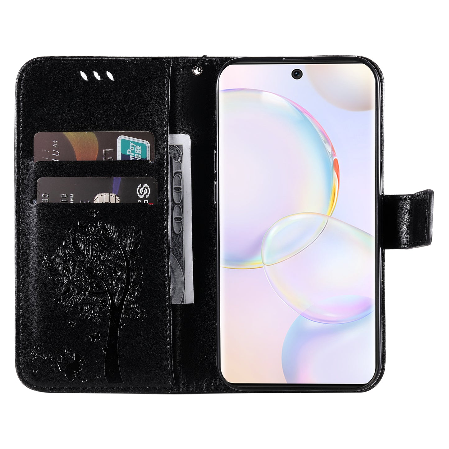 KT Imprinting Flower Series-3 Cat and Tree Pattern Imprinted Wallet Flip Cover PU Leather Stand Magnetic Clasp Shockproof Protection Case for Huawei nova 9 / Honor 50