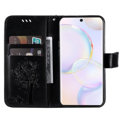 KT Imprinting Flower Series-3 Cat and Tree Pattern Imprinted Wallet Flip Cover PU Leather Stand Magnetic Clasp Shockproof Protection Case for Huawei nova 9 / Honor 50