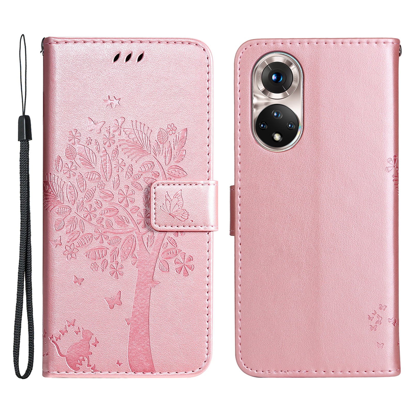 KT Imprinting Flower Series-3 Cat and Tree Pattern Imprinted Wallet Flip Cover PU Leather Stand Magnetic Clasp Shockproof Protection Case for Huawei nova 9 / Honor 50