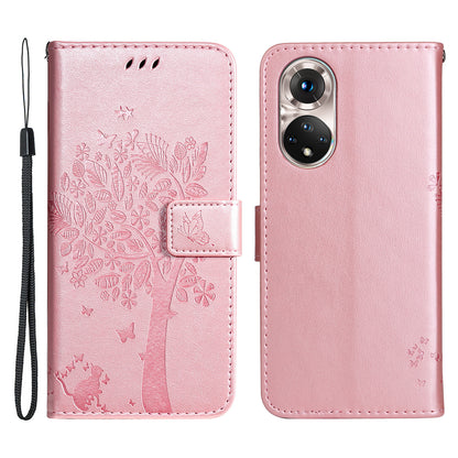 KT Imprinting Flower Series-3 Cat and Tree Pattern Imprinted Wallet Flip Cover PU Leather Stand Magnetic Clasp Shockproof Protection Case for Huawei nova 9 / Honor 50