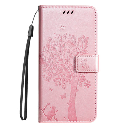 KT Imprinting Flower Series-3 Cat and Tree Pattern Imprinted Wallet Flip Cover PU Leather Stand Magnetic Clasp Shockproof Protection Case for Huawei nova 9 / Honor 50