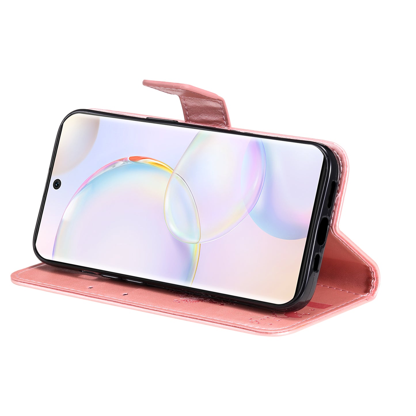 KT Imprinting Flower Series-3 Cat and Tree Pattern Imprinted Wallet Flip Cover PU Leather Stand Magnetic Clasp Shockproof Protection Case for Huawei nova 9 / Honor 50