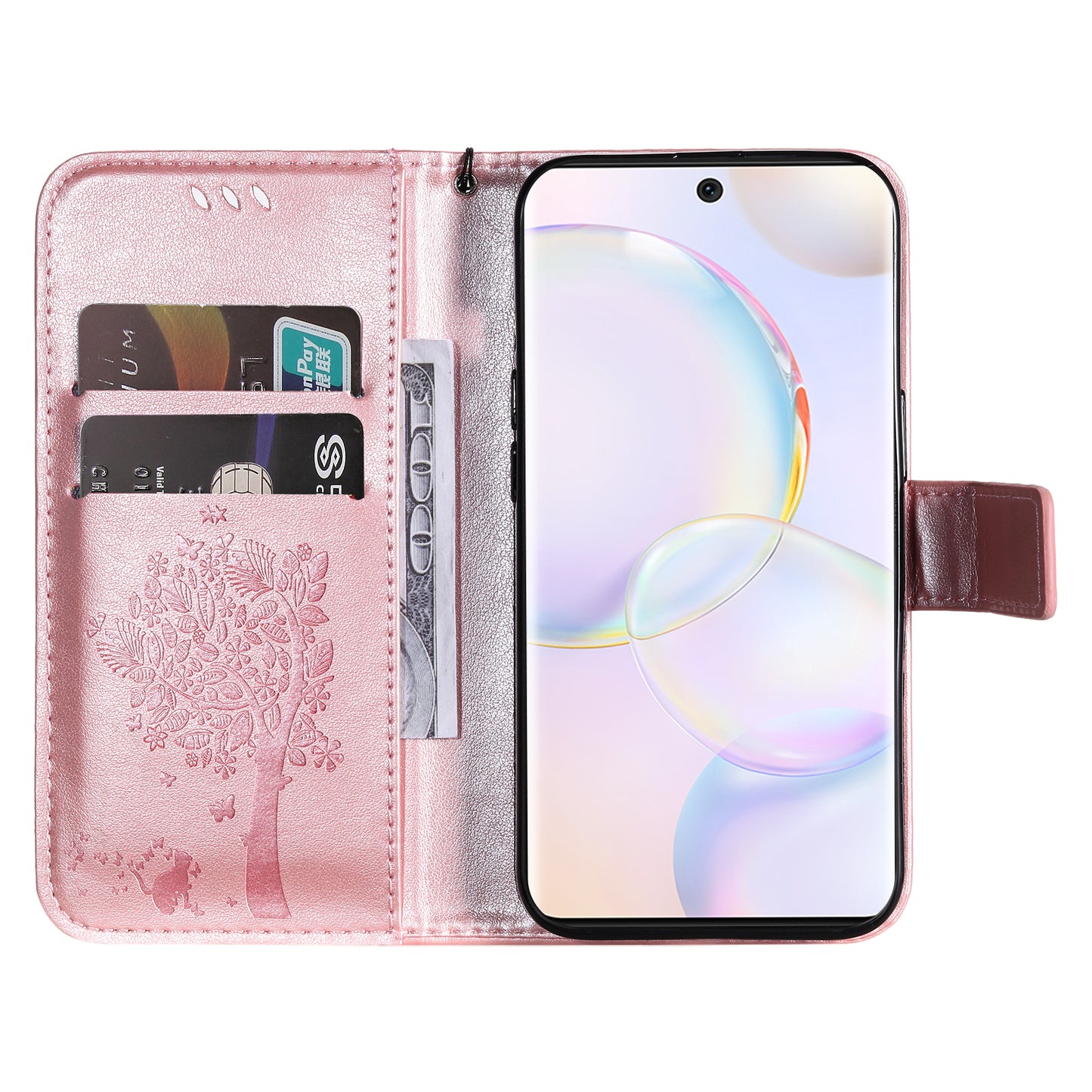 KT Imprinting Flower Series-3 Cat and Tree Pattern Imprinted Wallet Flip Cover PU Leather Stand Magnetic Clasp Shockproof Protection Case for Huawei nova 9 / Honor 50