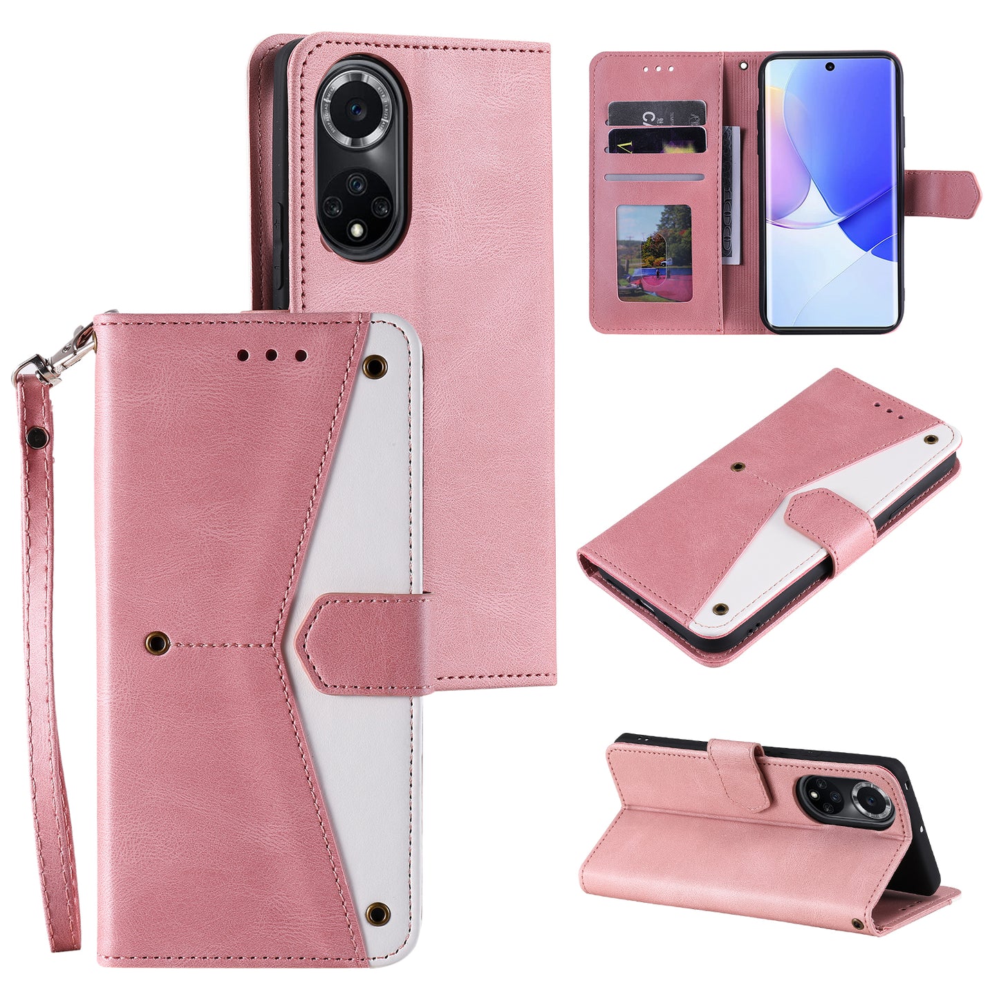 For Huawei nova 9 Shockproof PU Leather Wallet Phone Stand Case Rivet Decor Full Protection Phone Cover