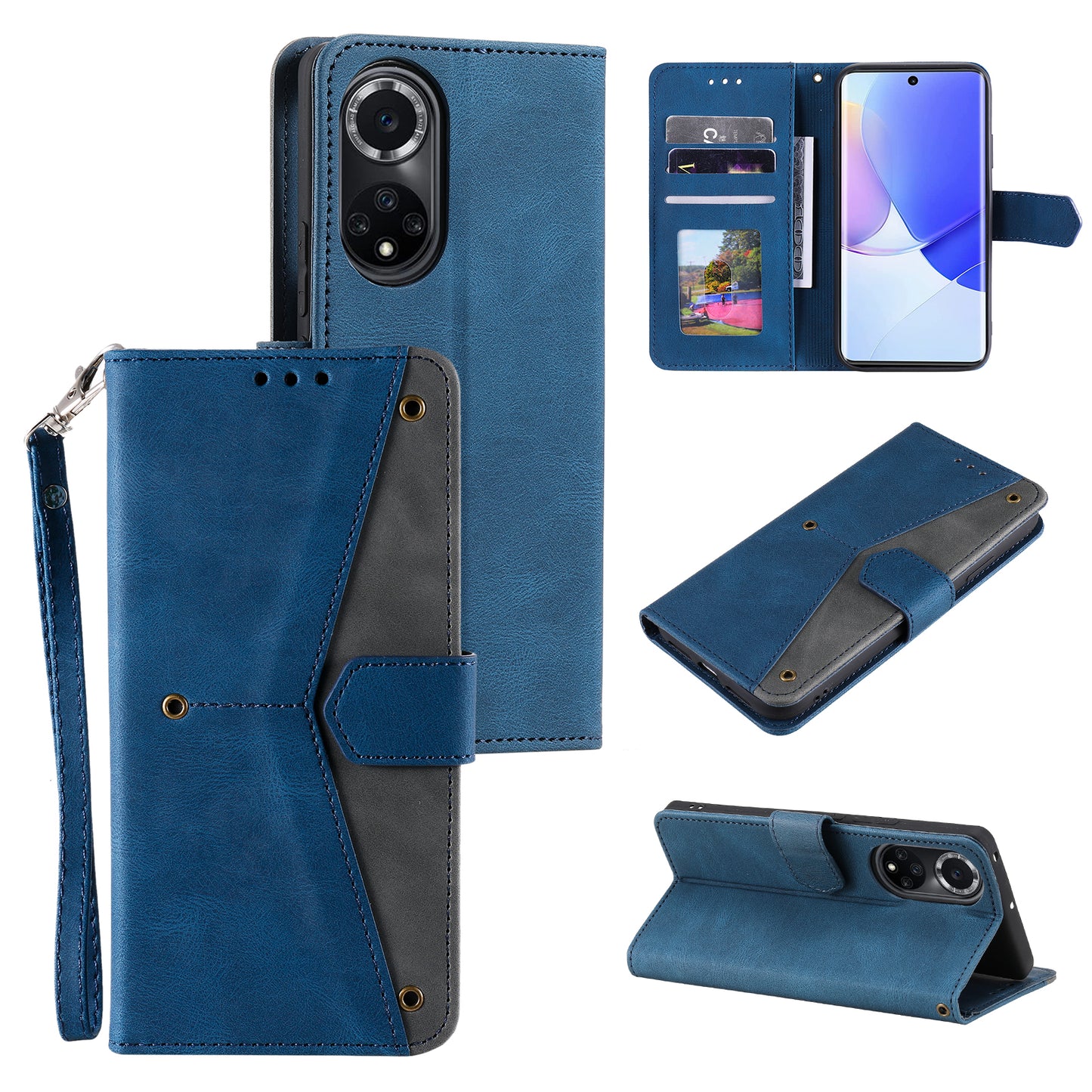 For Huawei nova 9 Shockproof PU Leather Wallet Phone Stand Case Rivet Decor Full Protection Phone Cover