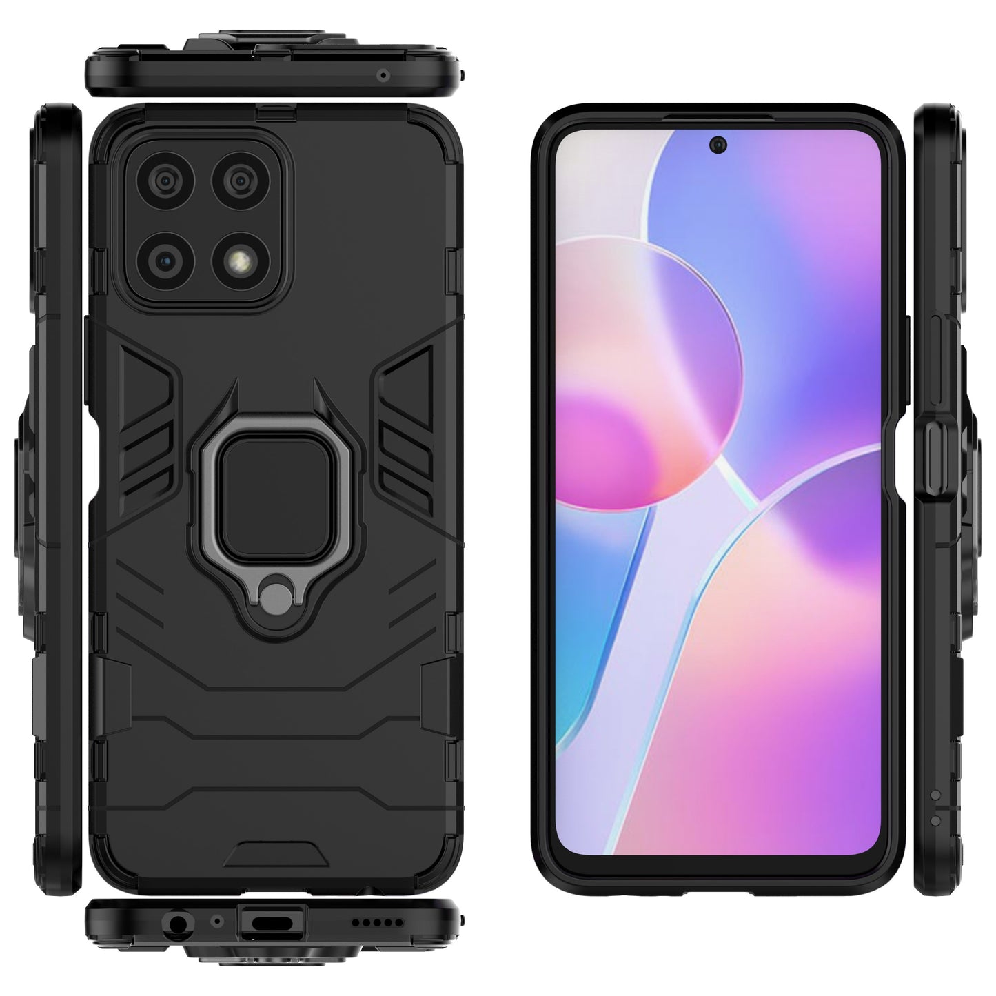 Fingerprint-proof Dual-layer Soft Flexible TPU and Hard PC Shockproof Protective Case with Ring Holder Kickstand for Honor X30i
