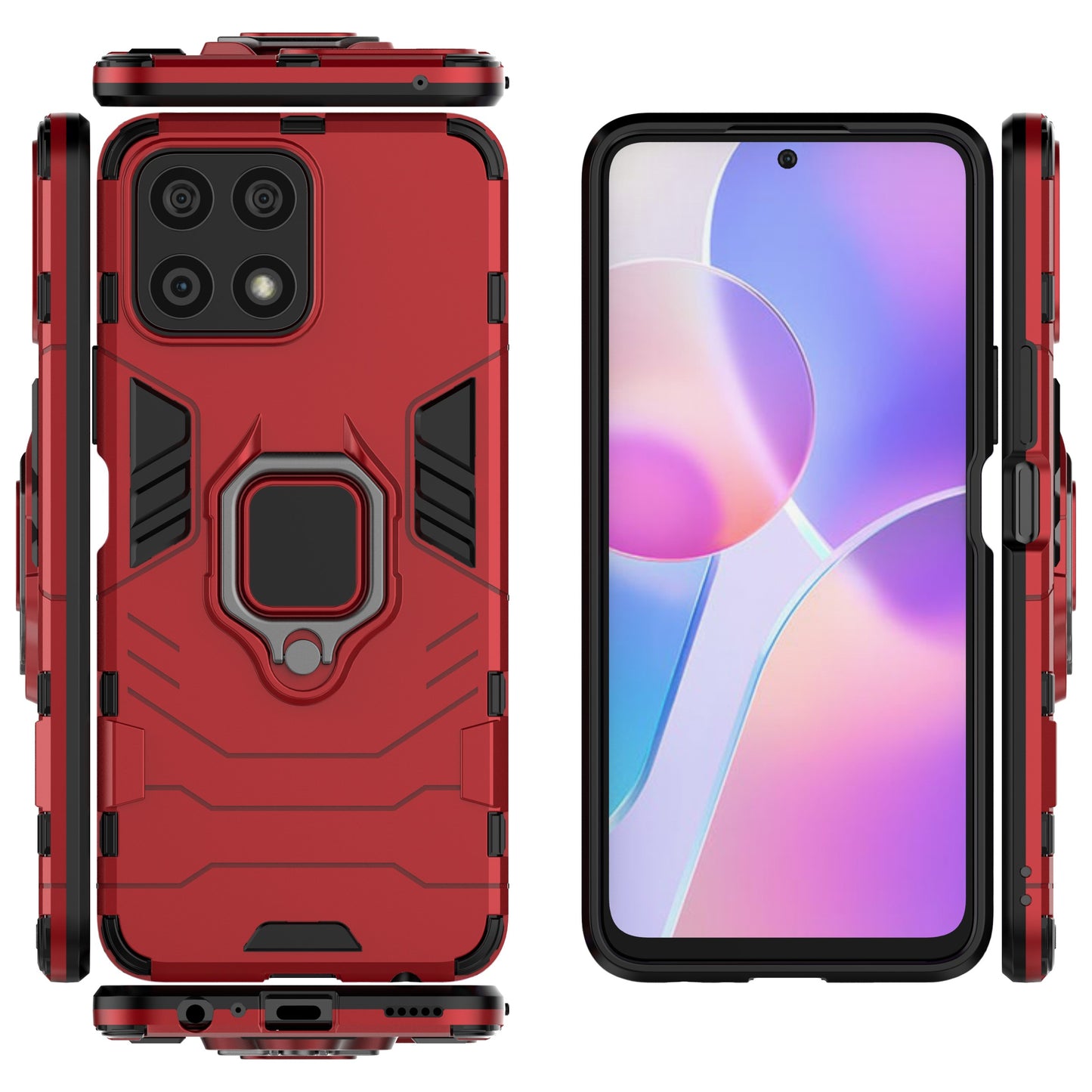 Fingerprint-proof Dual-layer Soft Flexible TPU and Hard PC Shockproof Protective Case with Ring Holder Kickstand for Honor X30i