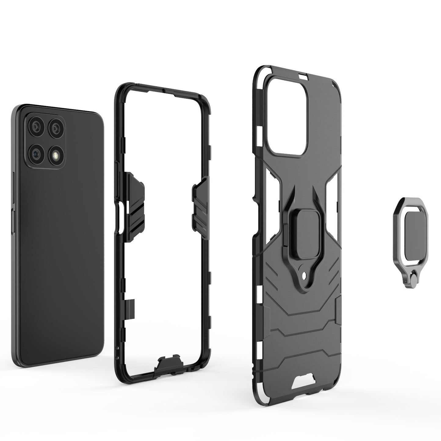 Fingerprint-proof Dual-layer Soft Flexible TPU and Hard PC Shockproof Protective Case with Ring Holder Kickstand for Honor X30i