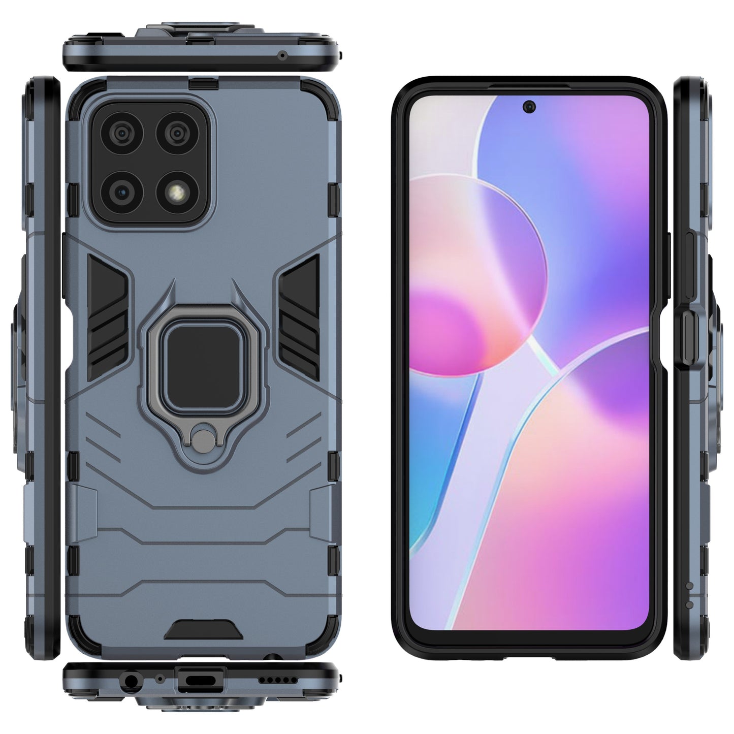 Fingerprint-proof Dual-layer Soft Flexible TPU and Hard PC Shockproof Protective Case with Ring Holder Kickstand for Honor X30i