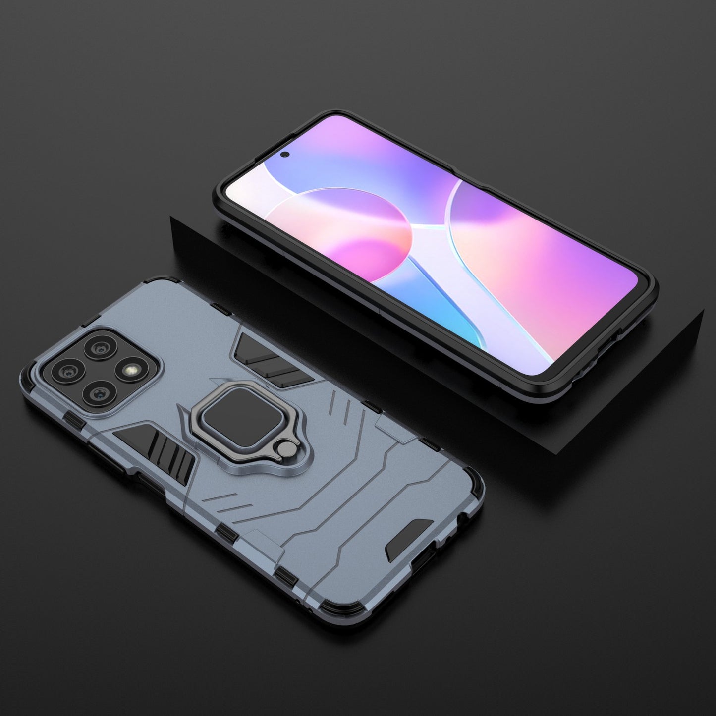 Fingerprint-proof Dual-layer Soft Flexible TPU and Hard PC Shockproof Protective Case with Ring Holder Kickstand for Honor X30i