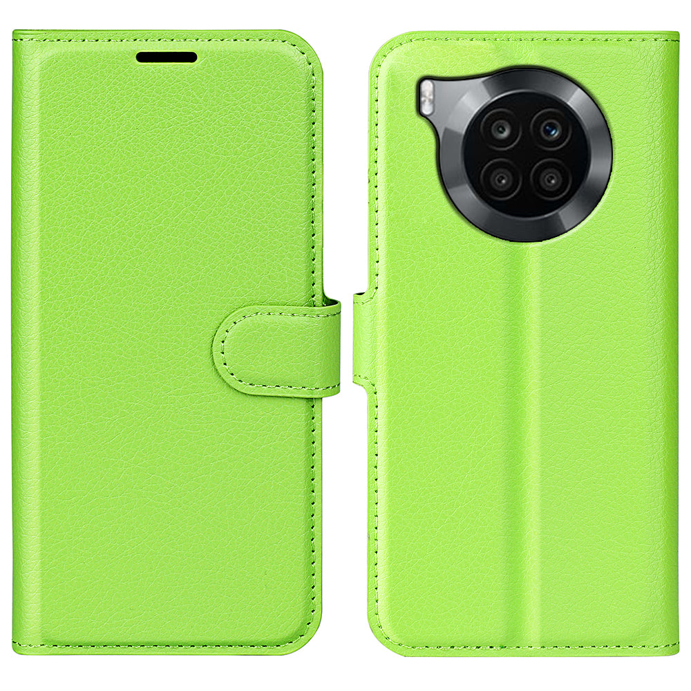 Shockproof PU Leather Coated TPU Mobile Phone Case Litchi Texture Stand Wallet Flip Protective Phone Cover for Huawei nova 8i/Honor 50 Lite