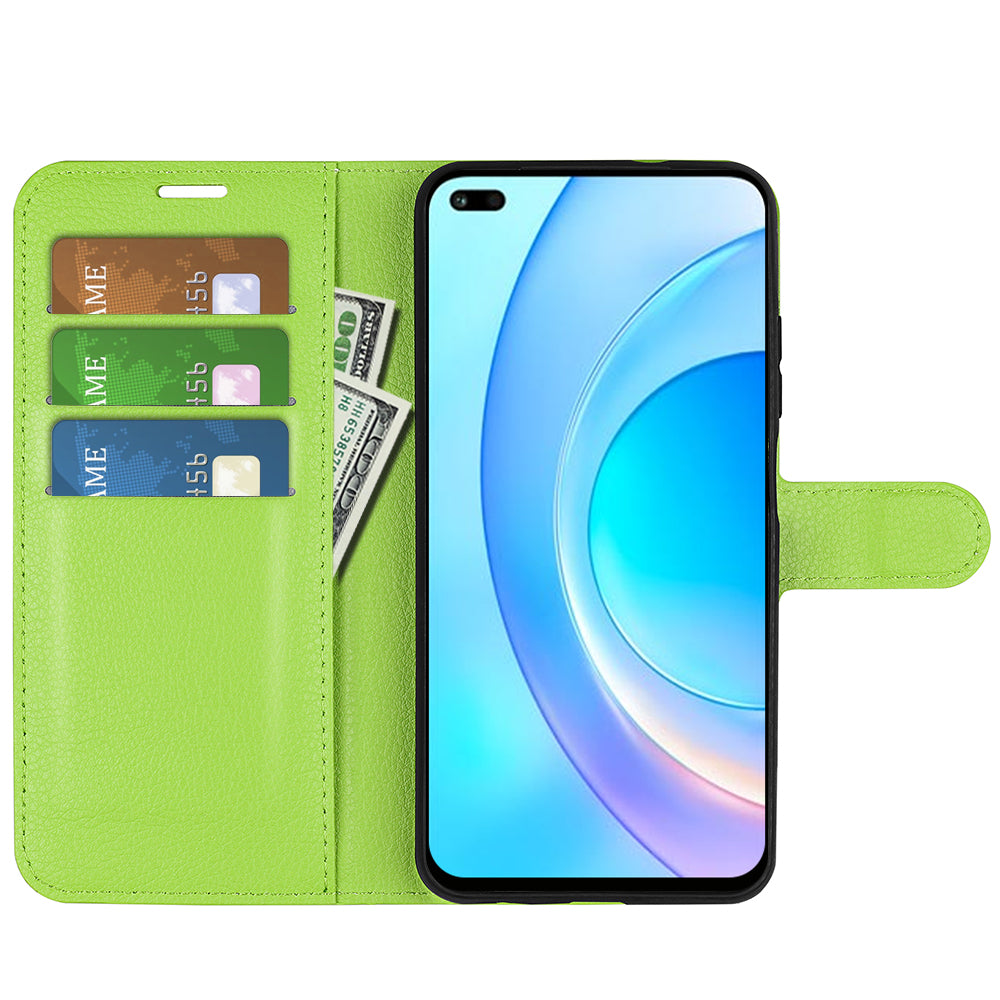 Shockproof PU Leather Coated TPU Mobile Phone Case Litchi Texture Stand Wallet Flip Protective Phone Cover for Huawei nova 8i/Honor 50 Lite