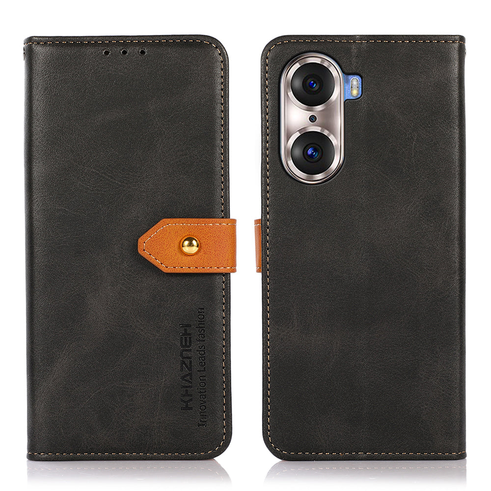 KHAZNEH Bi-color Stylish Anti-fall Magnetic Golden Clasp Stand PU Leather + TPU Case with Wallet for Honor 60 Pro