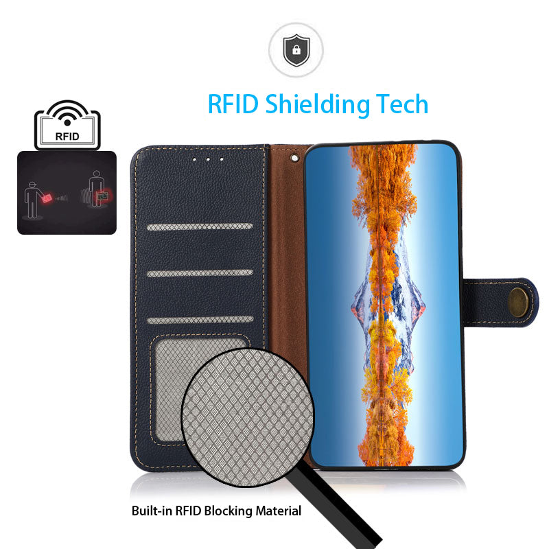 KHAZNEH Top Layer Genuine Leather Phone Case Stand RFID Blocking Wallet Magnetic Cover for Honor 60 Pro