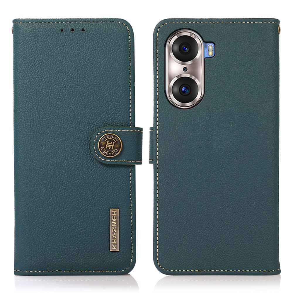 KHAZNEH Top Layer Genuine Leather Phone Case Stand RFID Blocking Wallet Magnetic Cover for Honor 60 Pro