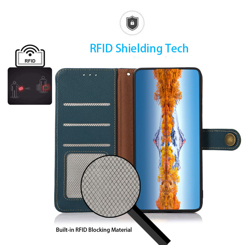 KHAZNEH Top Layer Genuine Leather Phone Case Stand RFID Blocking Wallet Magnetic Cover for Honor 60 Pro