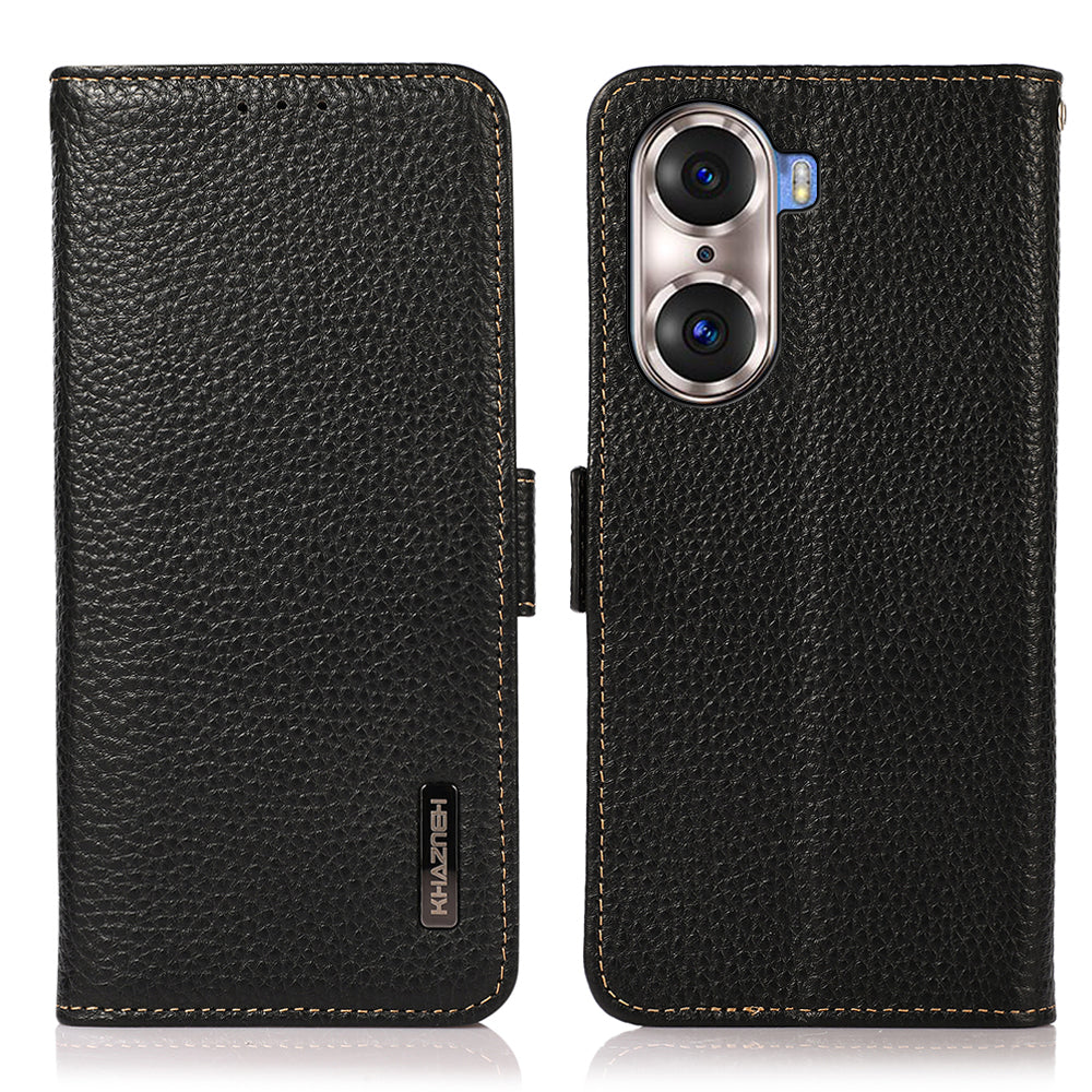 KHAZNEH Protective TPU Inner Shell Litchi Texture Genuine Leather RFID Blocking Wallet Stand Cover for Honor 60 Pro