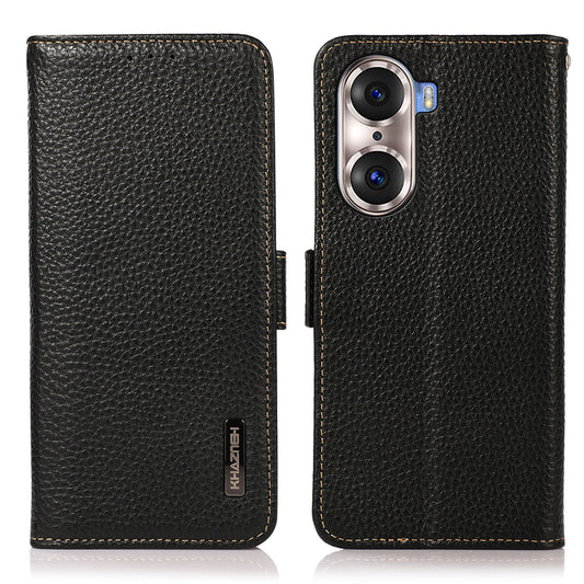KHAZNEH Protective TPU Inner Shell Litchi Texture Genuine Leather RFID Blocking Wallet Stand Cover for Honor 60 Pro