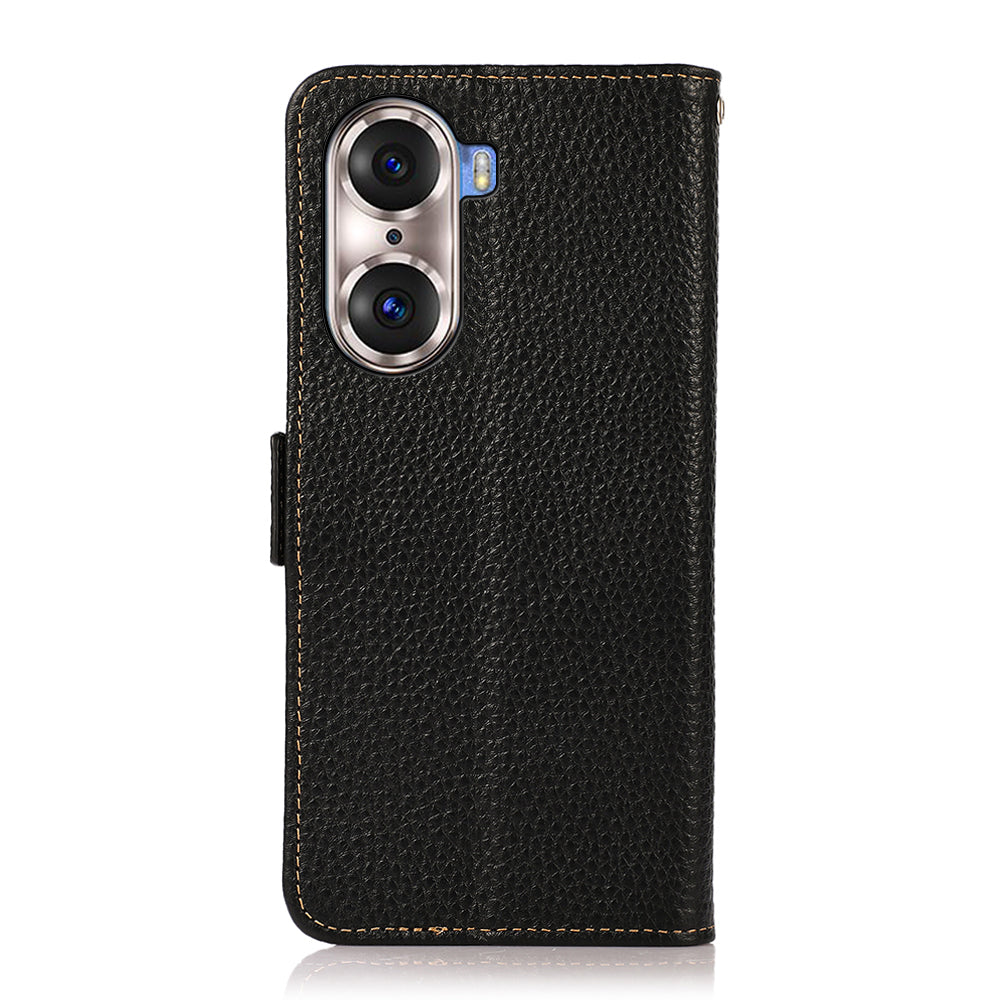 KHAZNEH Protective TPU Inner Shell Litchi Texture Genuine Leather RFID Blocking Wallet Stand Cover for Honor 60 Pro