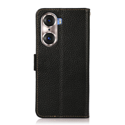 KHAZNEH Protective TPU Inner Shell Litchi Texture Genuine Leather RFID Blocking Wallet Stand Cover for Honor 60 Pro