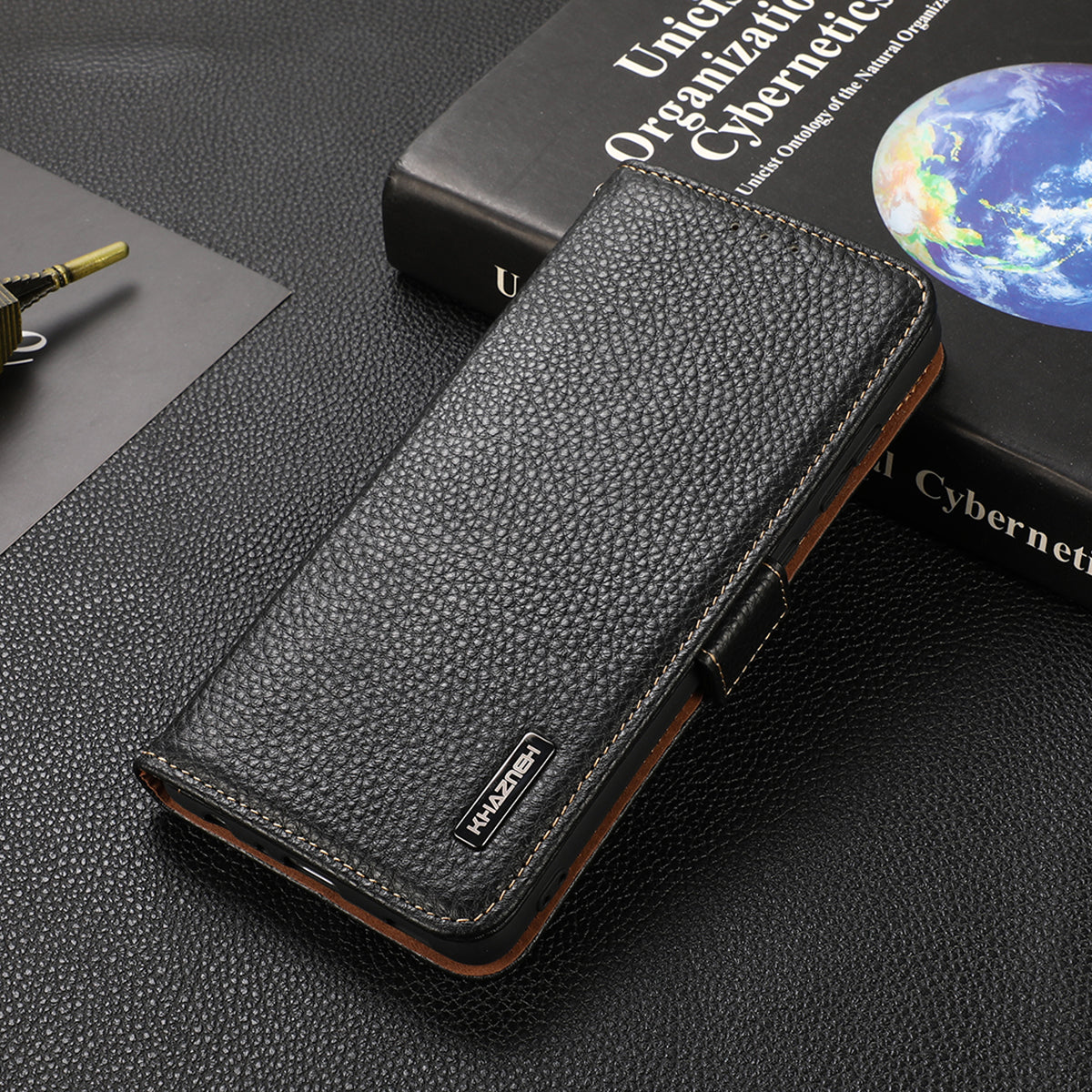 KHAZNEH Protective TPU Inner Shell Litchi Texture Genuine Leather RFID Blocking Wallet Stand Cover for Honor 60 Pro