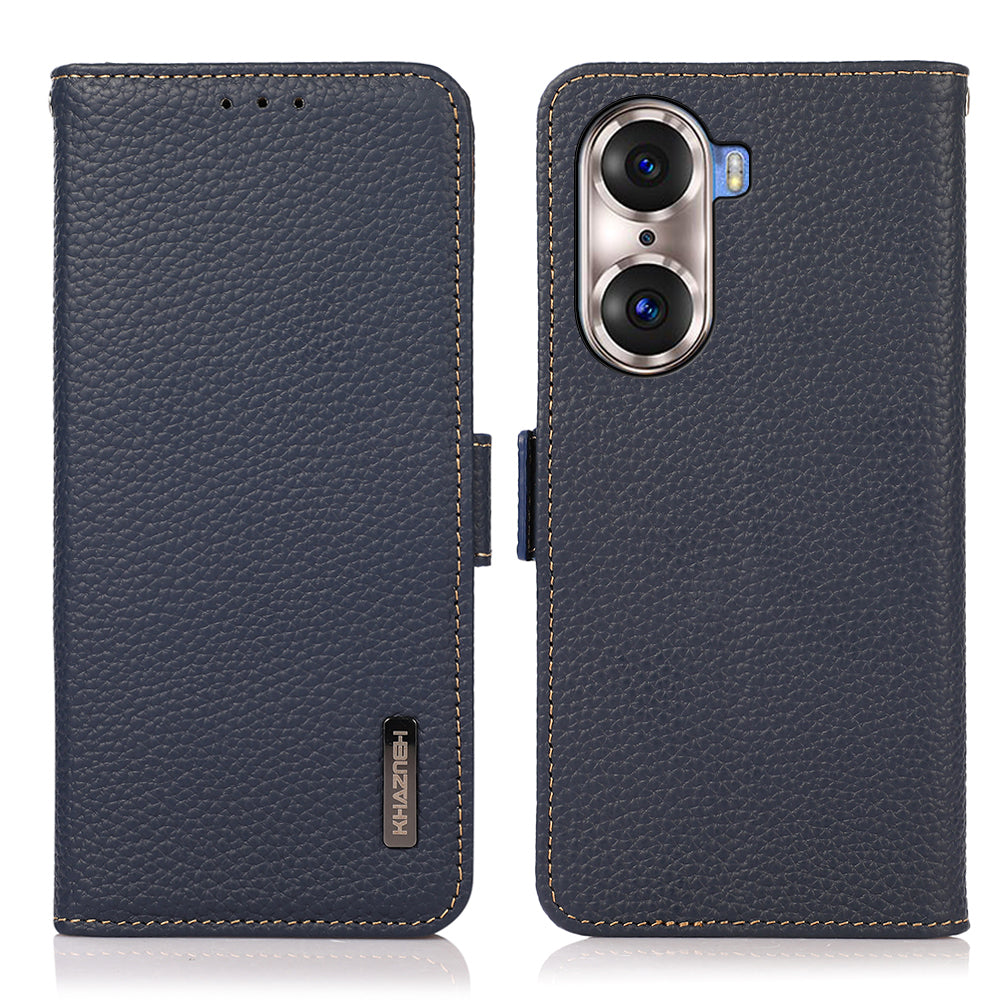 KHAZNEH Protective TPU Inner Shell Litchi Texture Genuine Leather RFID Blocking Wallet Stand Cover for Honor 60 Pro