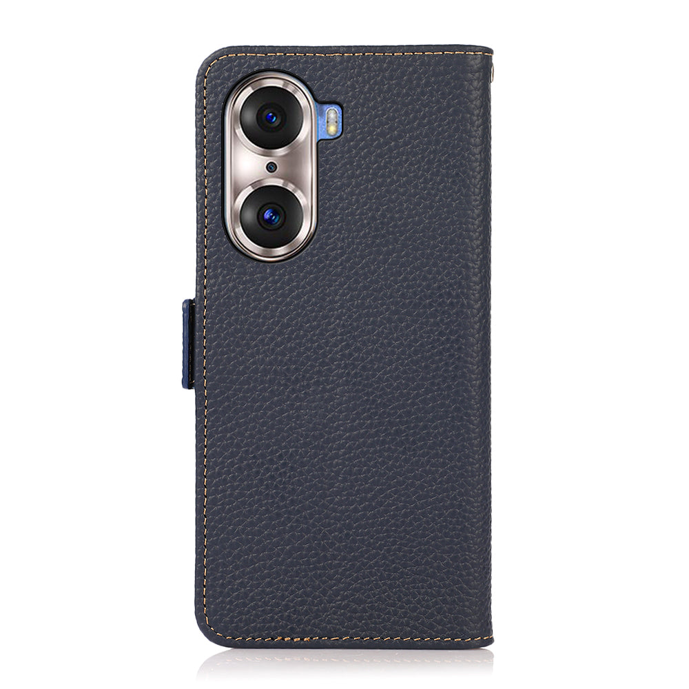 KHAZNEH Protective TPU Inner Shell Litchi Texture Genuine Leather RFID Blocking Wallet Stand Cover for Honor 60 Pro