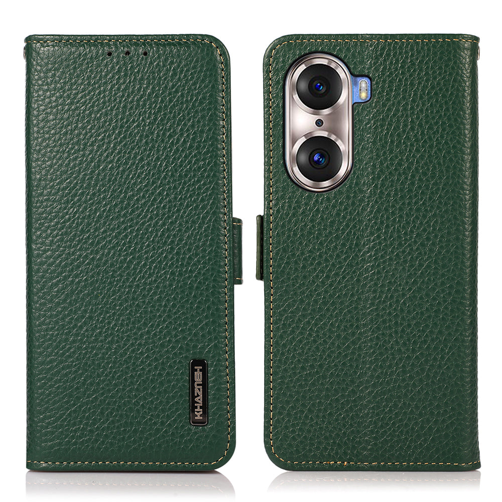 KHAZNEH Protective TPU Inner Shell Litchi Texture Genuine Leather RFID Blocking Wallet Stand Cover for Honor 60 Pro