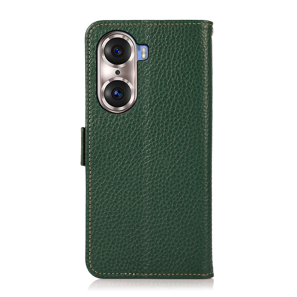 KHAZNEH Protective TPU Inner Shell Litchi Texture Genuine Leather RFID Blocking Wallet Stand Cover for Honor 60 Pro