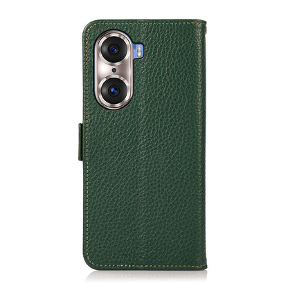 KHAZNEH Protective TPU Inner Shell Litchi Texture Genuine Leather RFID Blocking Wallet Stand Cover for Honor 60 Pro