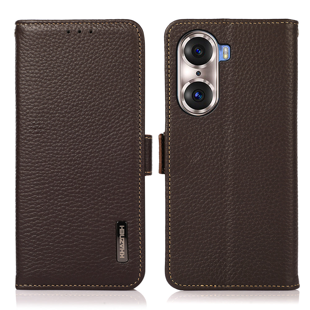 KHAZNEH Protective TPU Inner Shell Litchi Texture Genuine Leather RFID Blocking Wallet Stand Cover for Honor 60 Pro