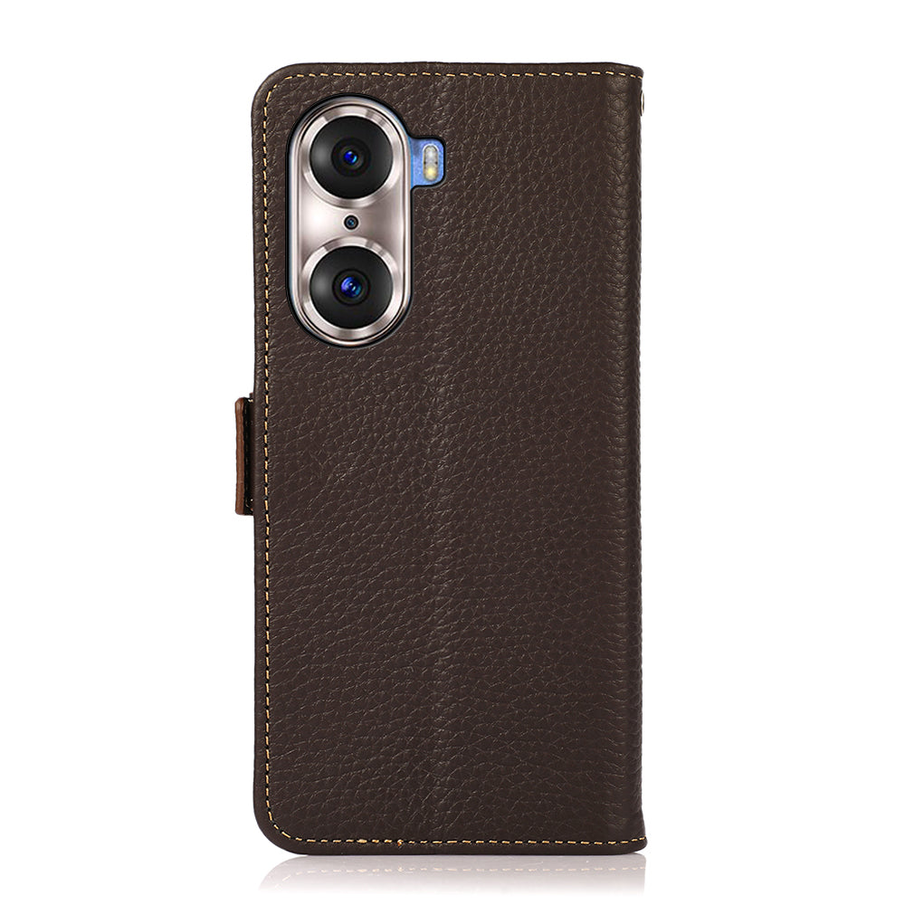 KHAZNEH Protective TPU Inner Shell Litchi Texture Genuine Leather RFID Blocking Wallet Stand Cover for Honor 60 Pro