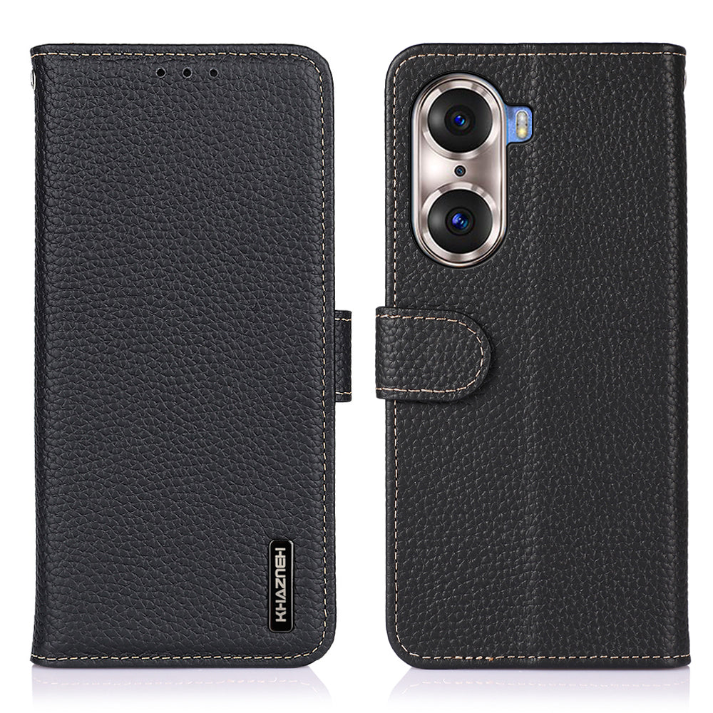 KHAZNEH Full Stylish Litchi Texture Wallet Case Genuine Leather Folio Flip Stand Cover for Honor 60 Pro